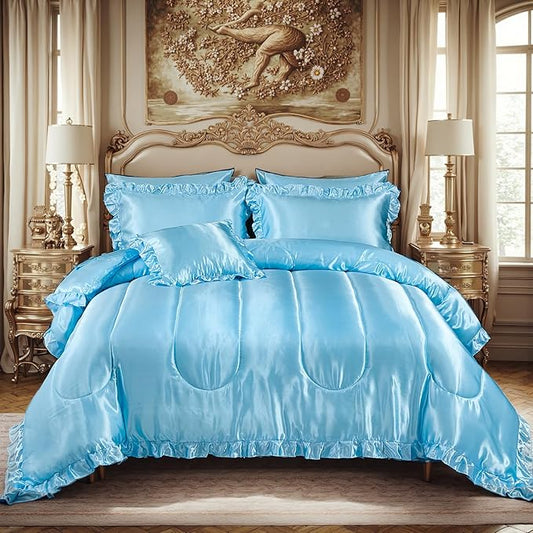 Silky Comforter Set with Sheet Set King 8 Pcs Baby Blue Bed in a Bag Light Blue Bedding Set Silk Like Satin Ruffle Pattern Home Deocr Sexy Hotel Silky Bed Set with 1 Cushion Cover