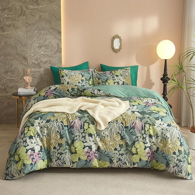 HighBuy Topical Comforter Full Size Green Leaves Cottagecore Aesthetic Bedding Comforter Set Fluffy for All Season French Country Style Full Bed Comforter with 2 Pillowcases,Comfortable Soft