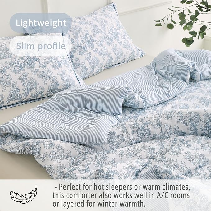 Vintage Cotton Comforter Twin Size 2Pcs - Elegant Pale Slate Blue Floral Pattern on White with Light Blue & White Striped Reverse, Luxurious Lightweight Bedding Sets with Soft Fill(68"×90")