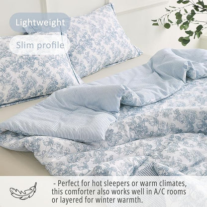 Vintage Cotton Comforter King Size 3Pcs - Elegant Pale Slate Blue Floral Pattern on White with Light Blue & White Striped Reverse, Luxurious Lightweight Bedding Sets with Soft Fill(104"×90")