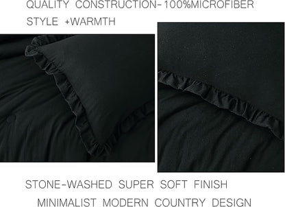 Chezmoi Collection Nora Black Comforter Set Oversized Queen 3-Piece Lightweight Soft Stone-Washed Ruffled Shabby Chic Bedding for All Season