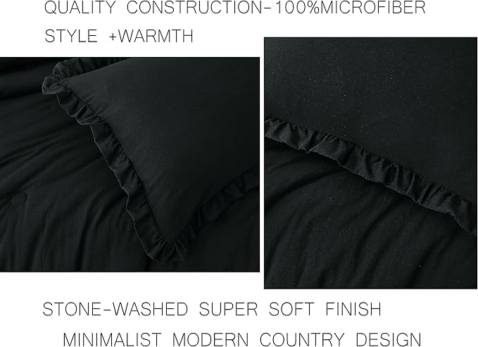 Chezmoi Collection Nora Black Comforter Set Full Size 3-Piece Fluffy Soft Stone-Washed Ruffled Shabby Chic Bedding for All Season