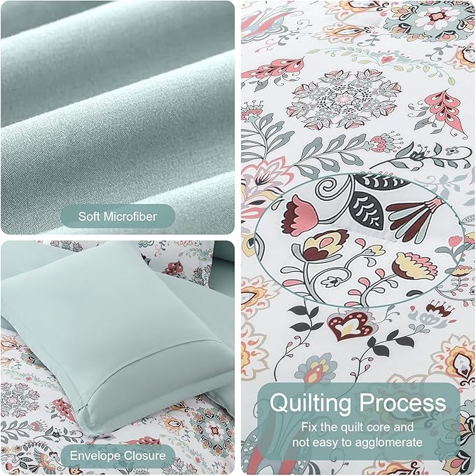 Boho Comforter Set Queen - 7 Pieces Bed in a Bag Floral Design, Bohemian Comforter Set with Sheets, Soft Microfiber Complete Bedding Sets All Season (Light Green, Queen)