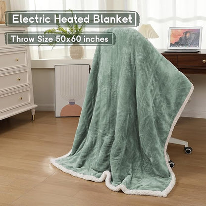 Heated Blanket Electric Throw Size 50''x60'' with 9 Heating Levels, 1-10 Hour Auto Shut Off, Machine Washable, Flannel & Sherpa Double-Sided Soft Warming Blanket for Couch, Bed, Office - Light Green