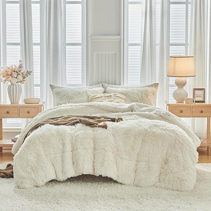Faux Fur Shaggy Comforter Set Queen 3 Pieces - 1 Cream White Comforter Set with Sherpa and 2 Pillowcases, Ultra Soft and Easy Care Luxury Plush Shaggy Super Soft and Warm Beige Duvet Set