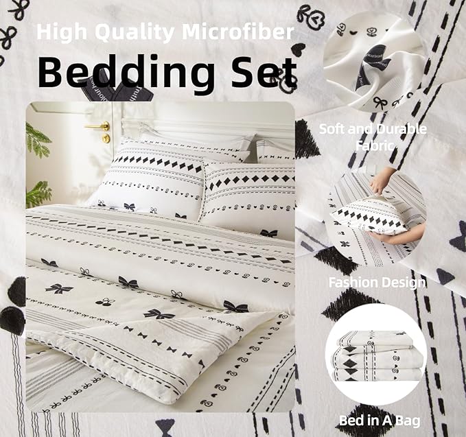 SDY 7PCS Bow Floral,Cherry Comforter and Sheet Set Full Size，Bohemian Print Pattern Bedding Sets Includes 1*Comforter,1* Flat Sheet, 1*Fitted Sheet,2*Pillowcases and 2*PillowcaseShams