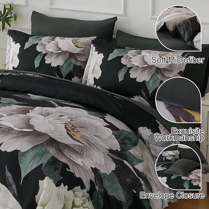 Dobuyly Black Comforter Set Queen 7 Piece Bed in a Bag, Floral Comforter Set with Sheets, Soft Microfiber Botanical Flower Bedding Set for All Season