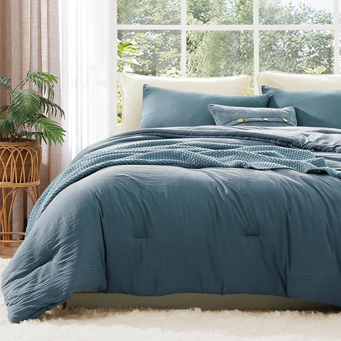 WRENSONGE Queen Comforter Set - 3 Pieces Prewashed Oxford Blue Comforter Soft Lightweight for All Seasons,Down Alternative Comforters Queen Size with 2 Pillow Shams