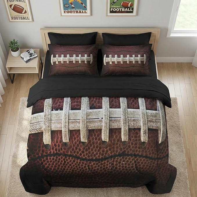 Nesker 5 Pcs Comforter Set Twin Size, Sports American Football Bedding Set for Kids and Adults, Boy Rugby Brown Bed Sheet Sets with Fitted Sheet Pillowcases & Shams