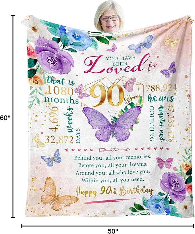 ZWERIVP 90th Birthday Gifts for Women, Best 90 Year Old Woman Birthday Present, Women 90th Bday Gift Ideas, 1936 Woman Present, Happy 90 Bday Decorations for Female Throw Blanket 50"X60"