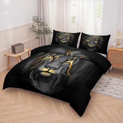 Tailor Shop Lion Bedding Set Twin Size for Kids, Teens, Boys - Lightning Lion Comforter With Pillowcase, Grey Black Animal Design for Young Man Room Decoration