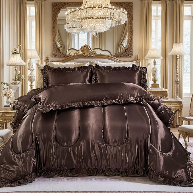 Brown Queen Comforter Silk Like Bedding 4 Pcs Hotel Soft Polyester Satin Bed Set Luxury Silky Body Pillow Cover Ruffle Home Decor