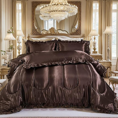 Brown Queen Comforter Silk Like Bedding 4 Pcs Hotel Soft Polyester Satin Bed Set Luxury Silky Body Pillow Cover Ruffle Home Decor