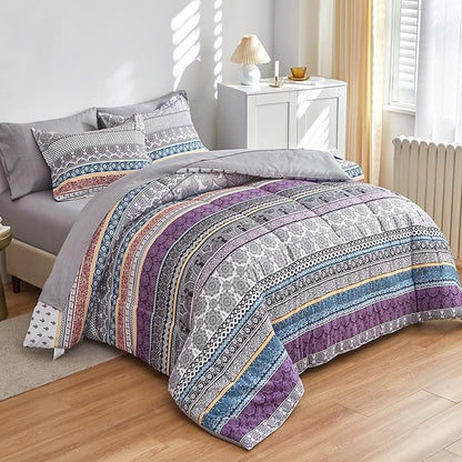 Flysheep Bohemian Bed in a Bag 6 Pieces Twin Size, Colorful Boho Purple Orange Gray Stripes Reversible Bed Comforter Set (1 Comforter, 1 Flat Sheet, 1 Fitted Sheet, 2 Pillow Shams, 1 Pillowcase)