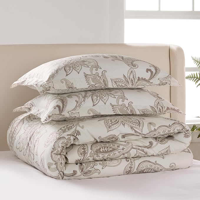 Levtex Home - Bennett Taupe Duvet Cover Set - Full/Queen Duvet Cover + Two Standard Pillow Cases - Floral Paisley - Taupe and Cream - Duvet Cover (90 x 94in.) and Pillow Case (26 x 20in.) - Cotton