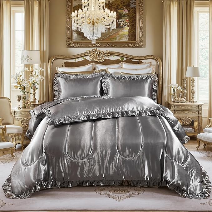 Satin King Comforter Set Silk Like Satin Bedding Set 4 Pcs Hotel Soft Polyester Grey Bed Set Luxury Silky Body Pillow Cover Ruffle Down Comforter Home Decor