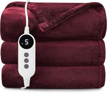 HYLEORY Heated Electric Blanket Throw, 2-Layer Cozy Warm Flannel 62" x 84", Heating Blanket with 9 Heating Levels, 2/4/6/10 Hours Auto Off, Fast Heating Winter Blanket, Red
