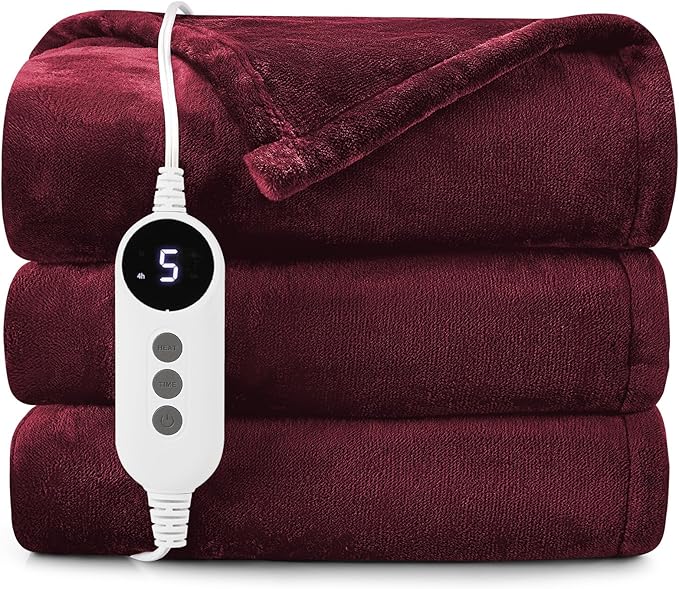 HYLEORY Heated Electric Blanket Throw, 2-Layer Cozy Warm Flannel 50" x 60", Heating Blanket with 9 Heating Levels, 2/4/6/10 Hours Auto Off, Fast Heating Winter Blanket, Red