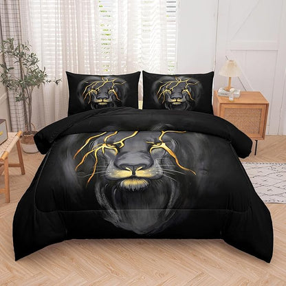Tailor Shop Lion Bedding Set Twin Size for Kids, Teens, Boys - Lightning Lion Comforter With Pillowcase, Grey Black Animal Design for Young Man Room Decoration