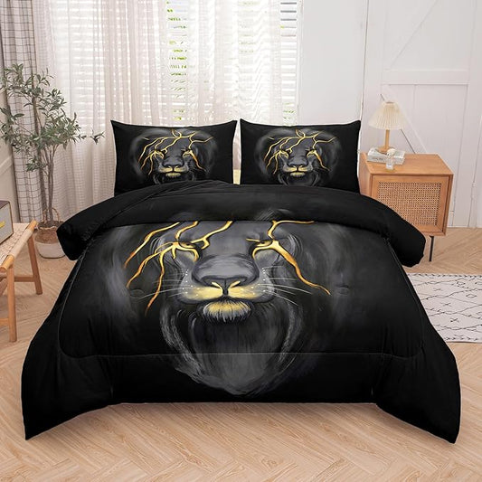 Tailor Shop Lion Bedding Set Twin Size for Kids, Teens, Boys - Lightning Lion Comforter With Pillowcase, Grey Black Animal Design for Young Man Room Decoration