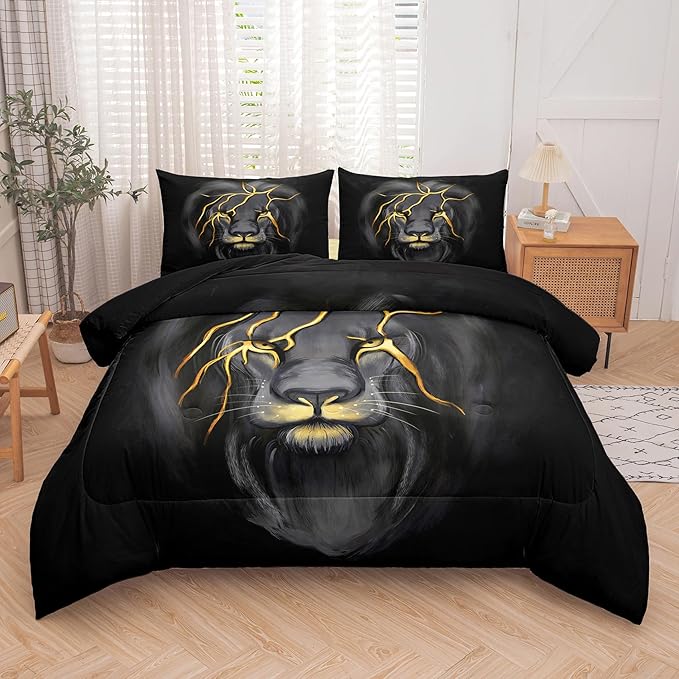 Tailor Shop Lion King Size Bedding Sets with 1 Lion Comforter and 2 Pillowcases - Grey Black Animal Comforter Sets for Kids, Teens, Boys - Decoration for Young Man's Room