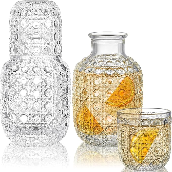 Vintage 2-Set Bedside Water Carafe Clear Glass Mouthwash Bottle & Glass for Bedroom, Kitchen, or Nightstand (Set)