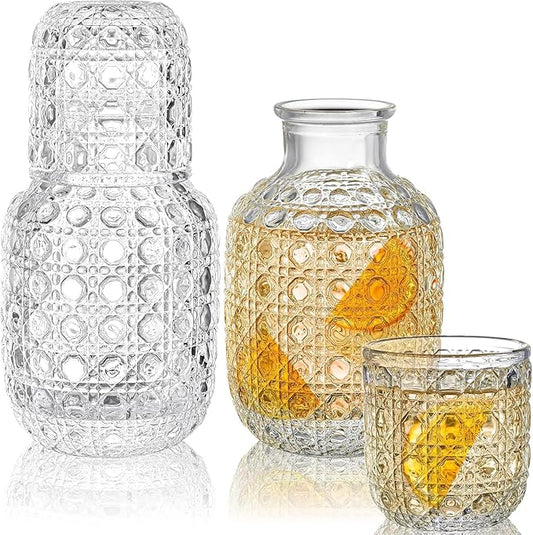 Vintage 2-Set Bedside Water Carafe Clear Glass Mouthwash Bottle & Glass for Bedroom, Kitchen, or Nightstand (Set)