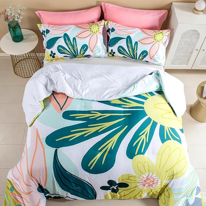 Boho Floral King Comforter Set - 3 Piece Farmhouse Botanical Bedding Comforter Sets for All Season Soft Lightweight Mid Century Bed Set, (1 Reversible Comforter and 2 Pillow Shams