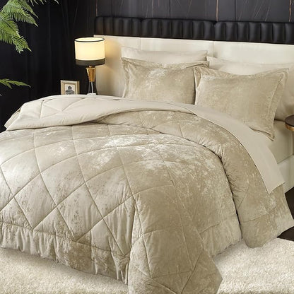 Ivellow King Comforter Set 7 Pieces Bed in a Bag Crushed Velvet Comforter Set Flannel King Beige Comforter Ultra Soft Breathable Luxury Soft Warm Winter Bedding Set with Sheets, Pillowcases & Shams