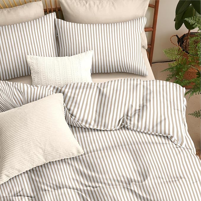 Nayoroom Striped Comforter Set Queen Size Brown Tan Stripe Comforter 3 Pieces Girls Soft Lightweight Pinstripe Dorm Bedding Set for All Seasons