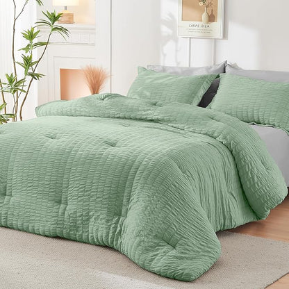 HYMOKEGE Sage Green/Light Grey California King Comforter Set Seersucker 7 Pieces, All Season Luxury Bed in a Bag for Bedroom, Bedding Set with Comforter, Sheets, Pillowcases & Shams