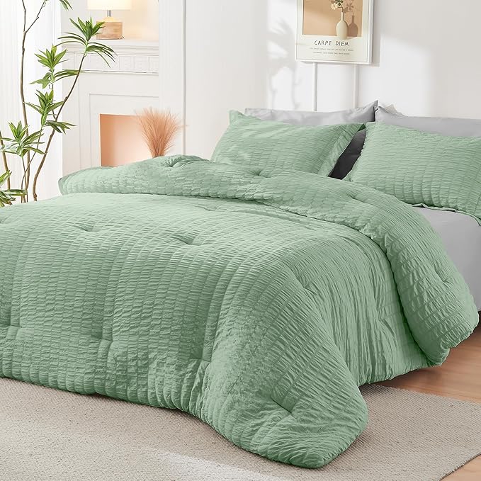HYMOKEGE Sage Green/Light Grey Full Size Comforter Sets Seersucker 7 Pieces, All Season Luxury Bed in a Bag for Bedroom, Bedding Set with Comforter, Sheets, Pillowcases & Shams