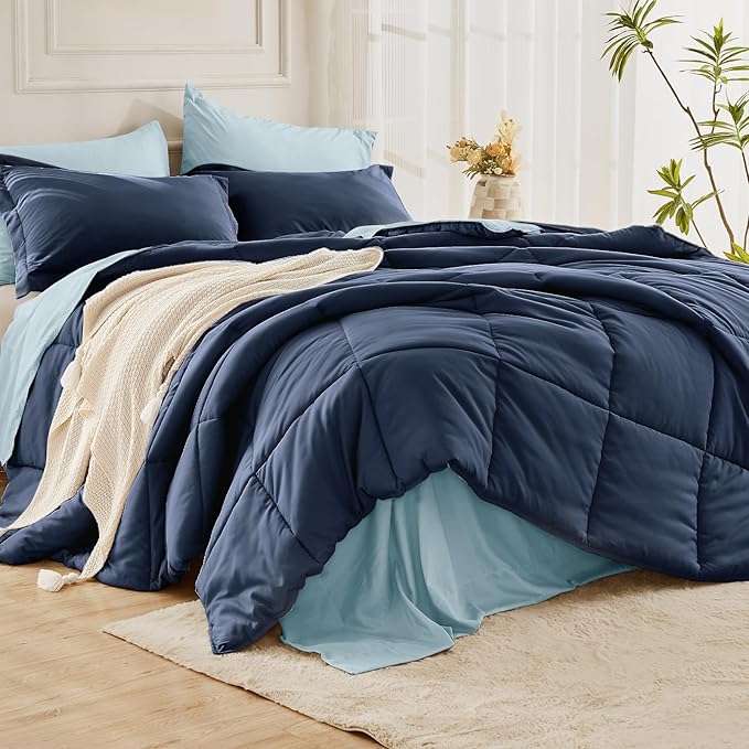 JOLLYVOGUE Twin Comforter Set, Ultra-Soft Bed in a Bag Twin Size 5 Pieces, Oeko-TEX Certified Bedding Set with Down Alternative Comforter, Sheets, Pillowcases & Shams, Navy & Light Blue