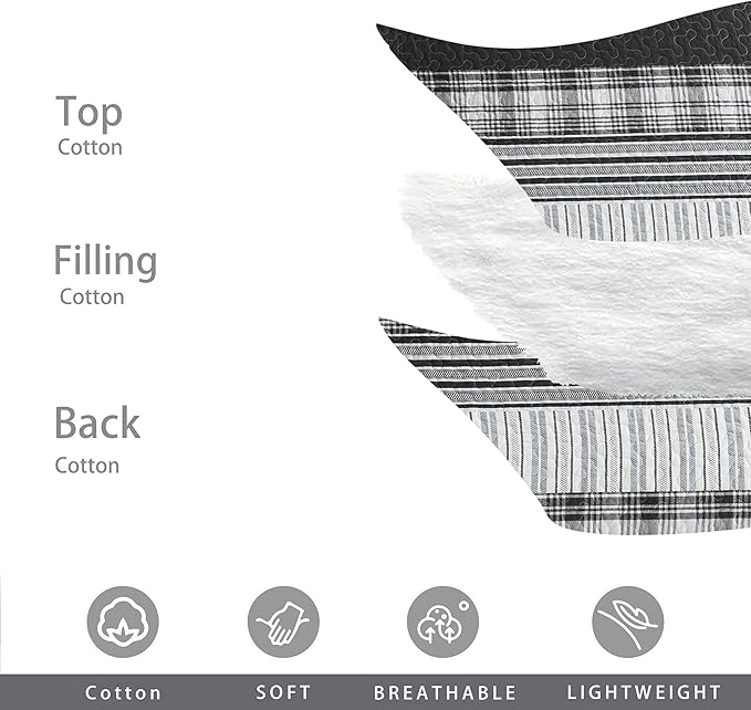 Homzard California King Comforter Set - 100% Cotton Bedding Comforter Set,Black Plaid Striped Oversized King Quilt, Black White Grey Farmhouse Bedspread (118 * 106 Inch) with 2 Pillow Shams,3 Pieces | Breathable, Lightweight, Reversible, All Season