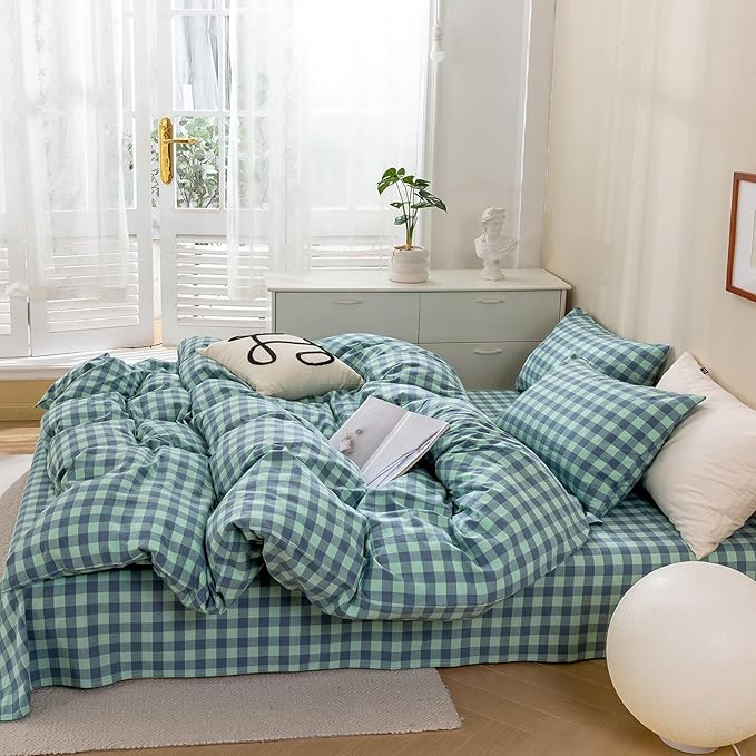 VM VOUGEMARKET Green Gingham Comforter Set Queen,Plaid Comforter with 2 Pillowcases for All Seasons,3 Pcs Modern Simple Grid Bedding Set for Men Women