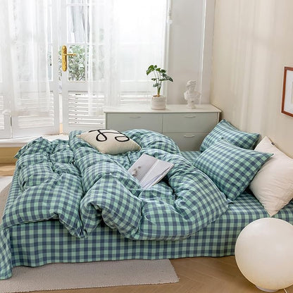 VM VOUGEMARKET Green Gingham Comforter Set Twin XL,Plaid Comforter with 2 Pillowcases for All Seasons,3 Pcs Modern Simple Grid Bedding Set for Teens Boys