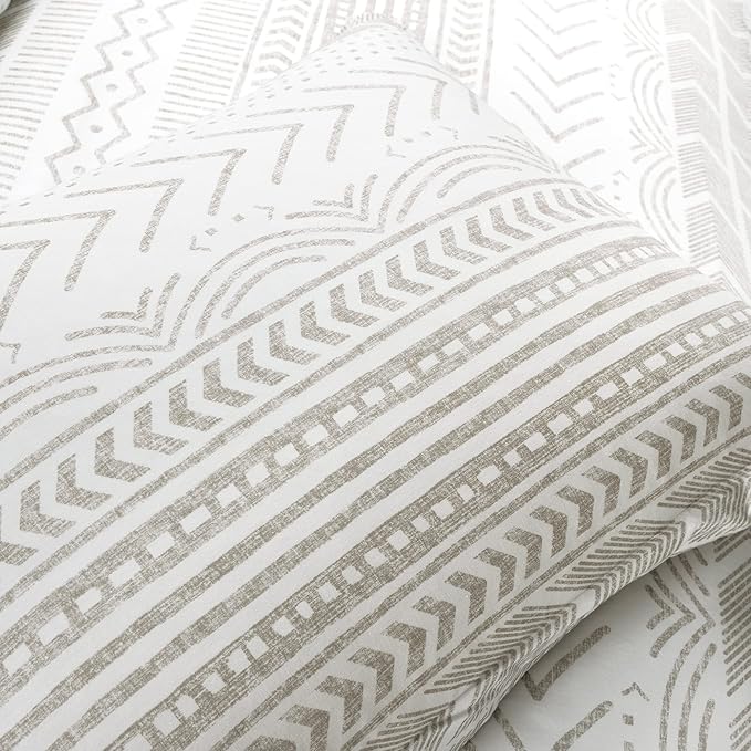 Lush Decor Hygge Geo Reversible 3 Piece Cotton Duvet Set, Full/Queen, Taupe & White