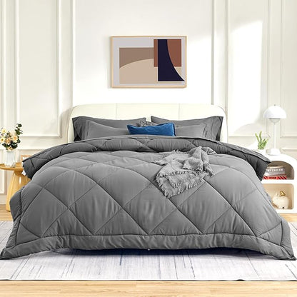 SLEEP ZONE Twin Comforter Set, 7 Pieces Comforter Bed in A Bag, Solid Color All Season Soft Down Alternative Comforter & Luxurious Microfiber Bed Sheets (Grey Square, Twin)