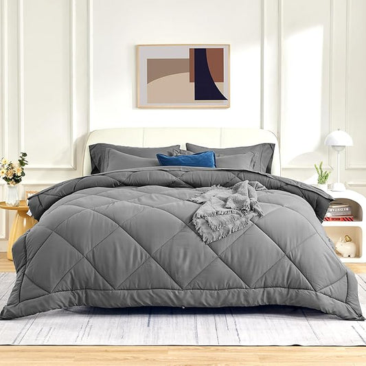 SLEEP ZONE Twin Comforter Set, 7 Pieces Comforter Bed in A Bag, Solid Color All Season Soft Down Alternative Comforter & Luxurious Microfiber Bed Sheets (Grey Square, Twin)