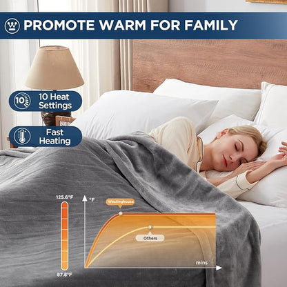 Westinghouse Electric Blanket Twin Size, Super Cozy Soft Flannel 62"" x 84"" Heated Blanket with 10 Fast Heating Levels & 1-12 Auto-Off, Machine Washable, ETL&FCC Certification, Light Grey