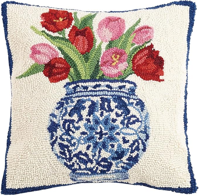 Peking Handicraft 30SER515AC16SQ Chinoiserie Vase Tulips Hook Pillow, 100% polyester fiber