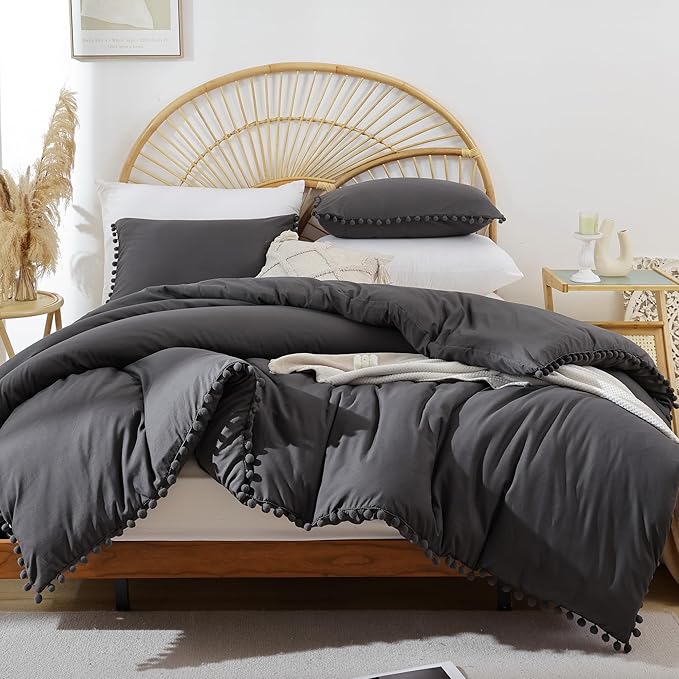 YIRDDEO Full Size Comforter Sets - Full Size Comforter with Ball Pom Fringe, Soft Bedding Set for All Seasons - 3 Pieces, 1 Comforter (79"x90") & 2 Pillow Shams(20"x26"), Charcoal Grey
