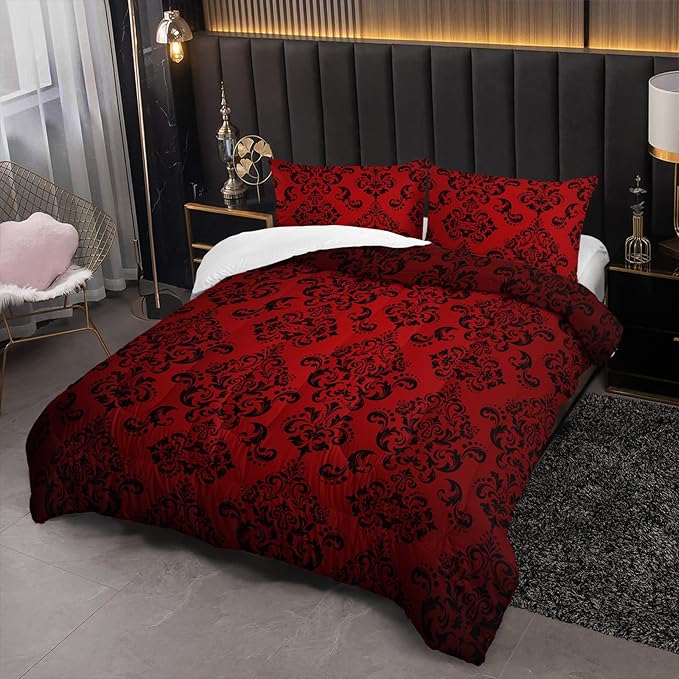Red Gothic Floral Print Comforter Set Twin Size,Vintage Damask Floral Bedding Set,Bohemian Exotic Printed Quilted Set for Teens Adult,with 1 Comforter and 2 Pillow Case