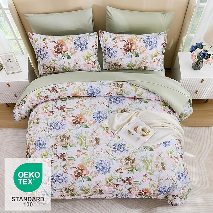 Luxudecor Floral Comforter Set King Size 7 Pieces Bed in a Bag, Green Flower Watercolor Bed Set, Soft Comforter with Sheet Set 104"x90"