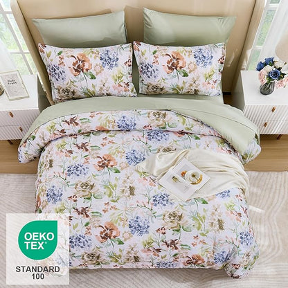 Luxudecor Floral Comforter Set King Size 7 Pieces Bed in a Bag, Green Flower Watercolor Bed Set, Soft Comforter with Sheet Set 104"x90"