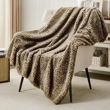JONIYEAR Decorative Brown Leopard Print Faux Rabbit Fur Throw Blanket 50" x 60", Double Sided Soft Thick Warm Cheetah Blankets for Winter,Cute Accent Cozy Plush Animal Blanket for Women,Breathable,Tan