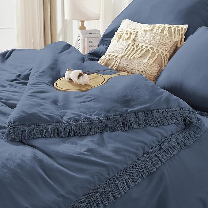 Andency Full Size Comforter Set Bluish Grey -7 Pieces Boho Tassel Bed in a Bag Soft Lightweight Bedding Sets, Fringe All Season Bed Set with Comforter, Sheets, Pillowcases & Shams