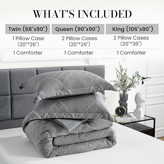 Amélie Home Queen Comforter Set, 3 Piece Grey Jacquard Bedding Set with 2 Pillow Cases, Soft Microfiber Diamond Design, Lightweight All-Season for Bedroom & Dorm