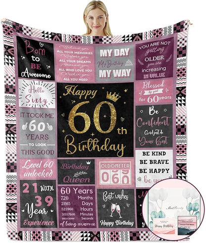 60 Birthday Gifts for Women, 60th Birthday Blanket with Gift Box for Women, Gifts for A 60th Birthday, Happy 60th Birthday Decorations Gift Ideas for Her, 60th Birthday Gifts Throw Blanket 60"x50"