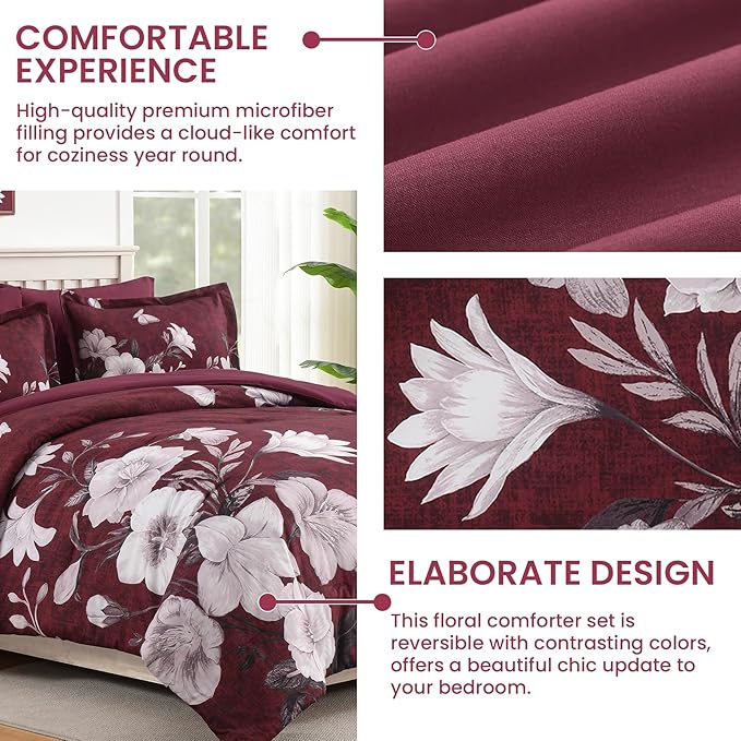 Floral King Size Comforter Set, 7 Pieces Burgundy Bed in a Bag, Elegant Floral Butterfly Comforter and Sheet Set, Soft Microfiber Bedding Sets for All Seasons(Burgundy,104"x90")